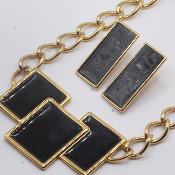 Monet Signed Designer Black Enamel Modernist Rectangular Necklace Set - Picture 1 of 11
